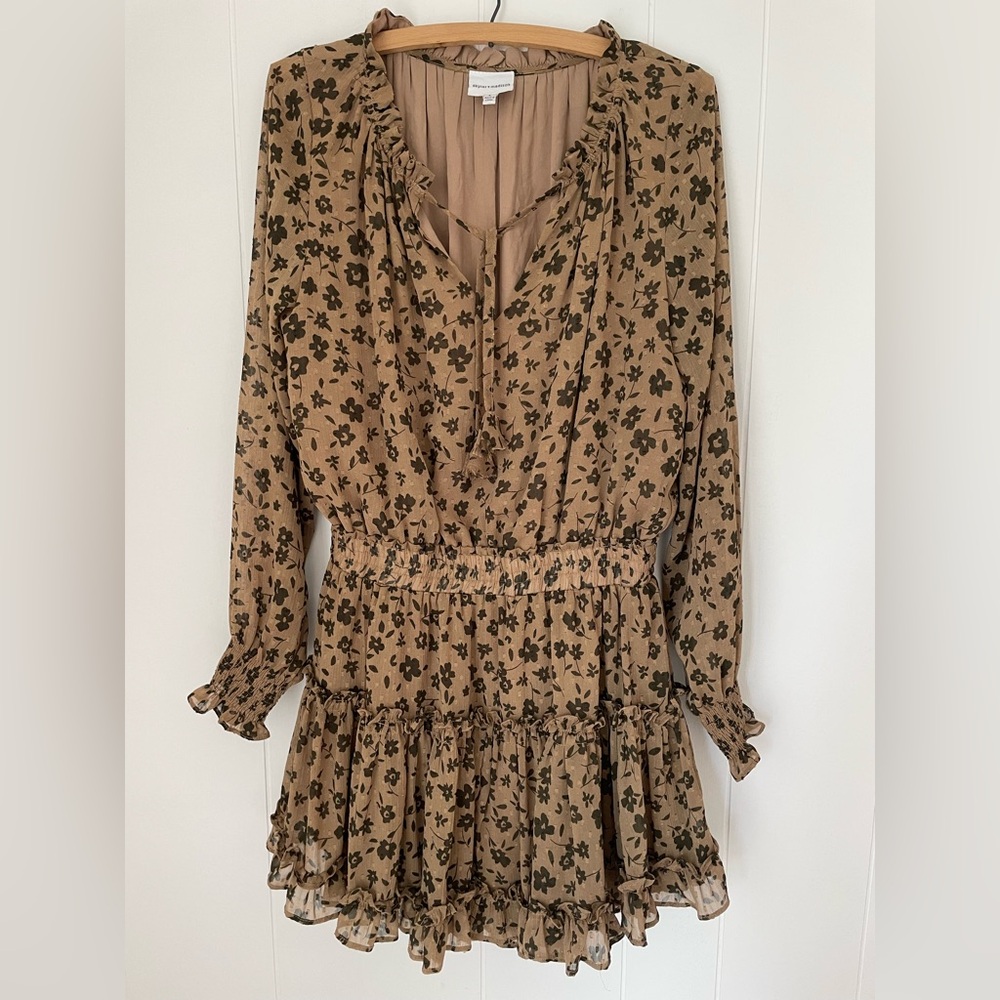 Skylar + Madison brown floral Cinched Waist Ruffle Hem Mini Dress size Large